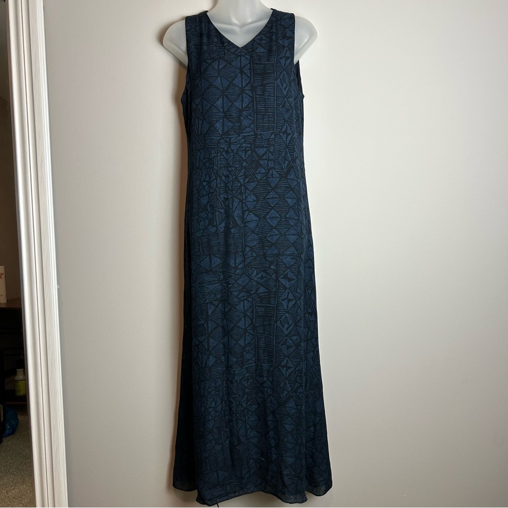 100% SilkVintage Y2K Lauren Ralph Lauren Navy Blue Abstract Patterned Maxi Dress